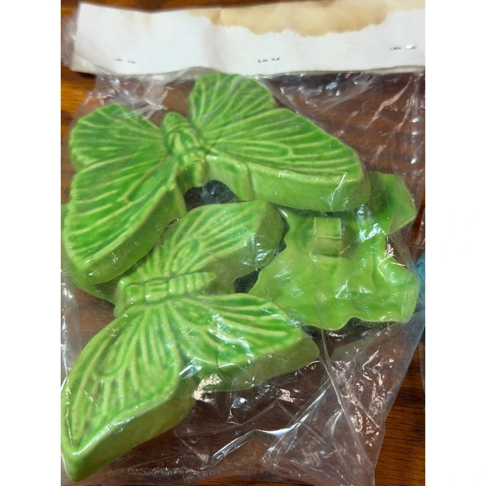Vintage Butterfly Macrame Beads Ceramic Green Blue Boho Craft Jewelry Lot 7pc